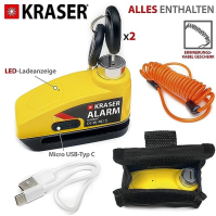 KRASER KR7Y zámek brzdového kotouče motocyklu s alarmem 110 dB, dobíjecí, USB kabel typu C pro nabíjení baterie, kabel pro připo